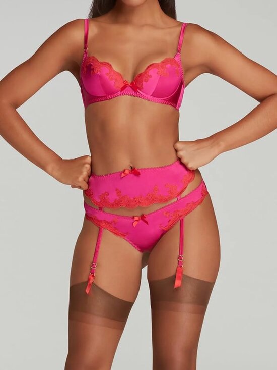 Agent Provocateur Other - Agent Provocateur Molly Plunge Bra + Suspender in Red and Pink Silk - NWOT